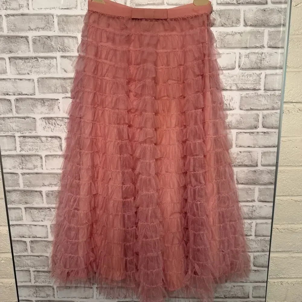 Christian Dior SS18 Pink Tulle Ruffle Midi Skirt IT 40 Twee Bow waist Authentic